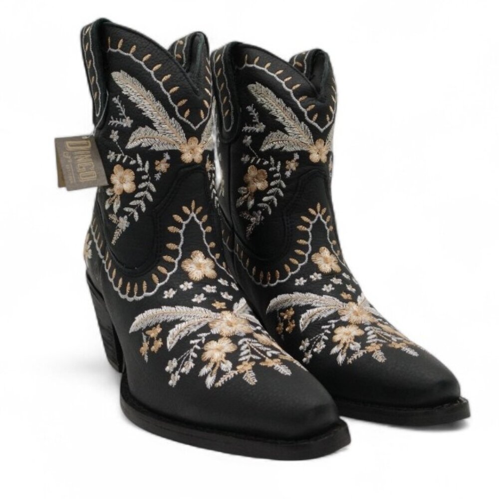 Dingo Primrose Women's Size 8.5 Black Embroidered Floral Western Bootie